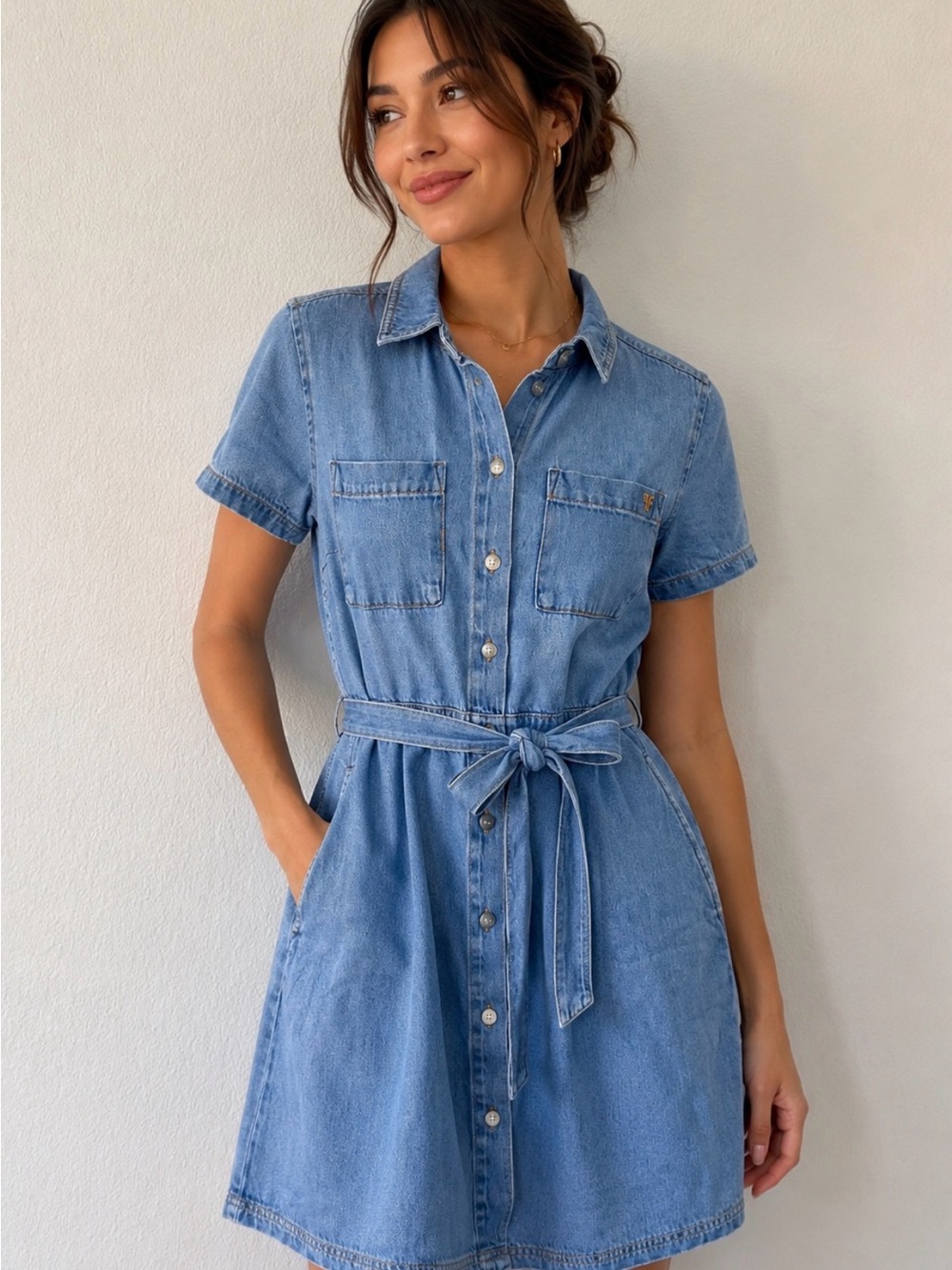 Frye Light Blue Denim Shirt Mini Dress with Tie Waist